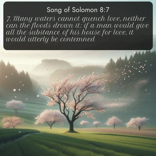 citation biblique : 7. Many waters cannot quench love, neither can the floods drown it: if a man would give all the substance of his house for love, it would utterly be contemned.
 sur fond image nature