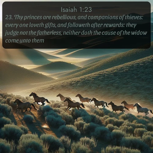 citation biblique : 23. Thy princes are rebellious, and companions of thieves: every one loveth gifts, and followeth after rewards: they judge not the fatherless, neither doth the cause of the widow come unto them.
 sur fond image nature