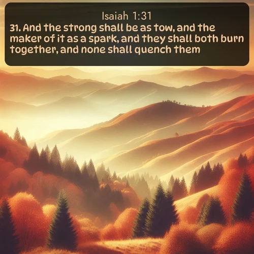 KJV Isaiah 1:31 overlaying nature image scene: Autumn colors paint hillsides in warm earth tones.;31. And the strong shall be as tow, and the maker of it as a spark, and they shall both burn together, and none shall quench them.