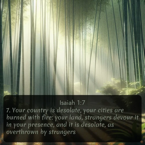 citation biblique : 7. Your country is desolate, your cities are burned with fire: your land, strangers devour it in your presence, and it is desolate, as overthrown by strangers.
 sur fond image nature