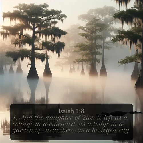 citation biblique : 8. And the daughter of Zion is left as a cottage in a vineyard, as a lodge in a garden of cucumbers, as a besieged city.
 sur fond image nature