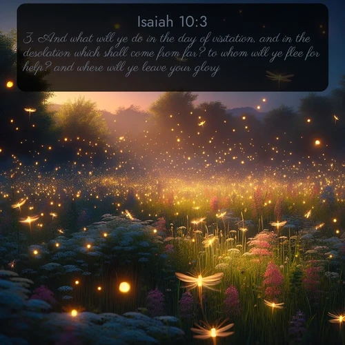 KJV Isaiah 10:3 overlaying nature image scene: Fireflies dance above a spring meadow filled with singing crickets.;3. And what will ye do in the day of visitation, and in the desolation which shall come from far? to whom will ye flee for help? and where will ye leave your glory?