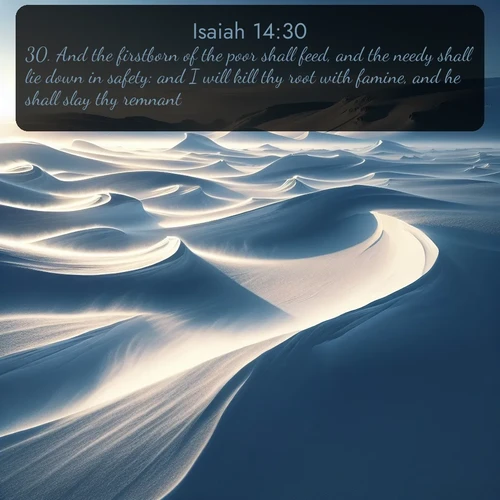KJV Isaiah  ; image nature: image with the bible verse :And the firstborn of the poor shall feed, and the needy shall lie down in safety: and I will kill thy root with famine, and he shall slay thy remnant. ; Explore winter-themed Bible verse images illustrated by snowy mountains, frost-covered branches, and clear skies. These landscapes reflect divine purity and peace. Download verses like KJV Isaiah 14:30. Current verse is overlayed with the thematic nature scene : Winter winds sculpt snow into graceful dunes across the tundra. ; 14:30