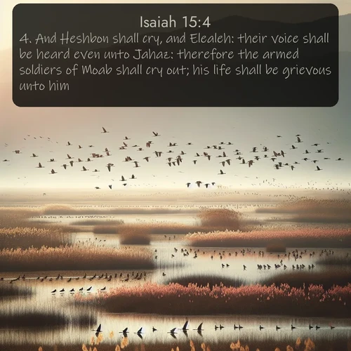 citation biblique : 4. And Heshbon shall cry, and Elealeh: their voice shall be heard even unto Jahaz: therefore the armed soldiers of Moab shall cry out; his life shall be grievous unto him.
 sur fond image nature