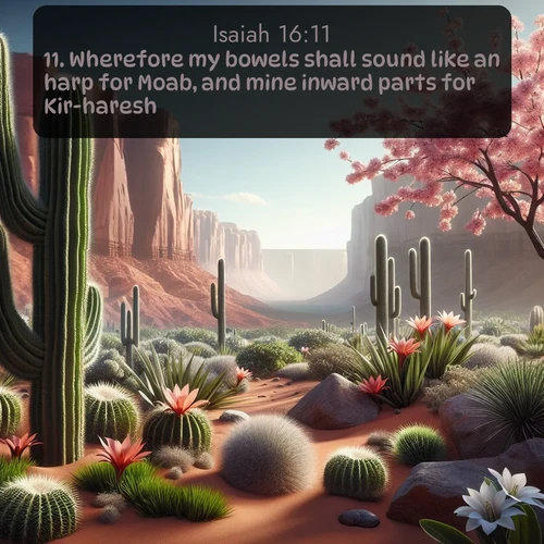 KJV Isaiah  ; image nature: image with the bible verse :Wherefore my bowels shall sound like an harp for Moab, and mine inward parts for Kir-haresh. ; Discover our curated gallery of Bible verse images with breathtaking scenery, from tranquil deserts to lush green pastures. Perfect for phone wallpapers or sharing online. Download verses like KJV Isaiah 16:11. Current verse is overlayed with the thematic nature scene : Desert cacti burst with spring blooms against red sandstone formations. ; 16:11