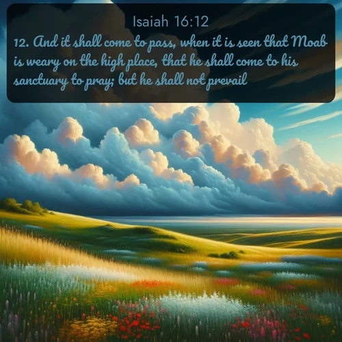 KJV Isaiah  ; image nature: image with the bible verse :And it shall come to pass, when it is seen that Moab is weary on the high place, that he shall come to his sanctuary to pray; but he shall not prevail. ; Download Bible verse images paired with breathtaking nature photos like golden deserts, shimmering seas, and blossoming orchards. These high-quality, free images are perfect for wallpapers or sharing. Verses include KJV Isaiah 16:12. Current verse is overlayed with the thematic nature scene : Summer thunderheads build over grasslands dotted with wildflowers. ; 16:12