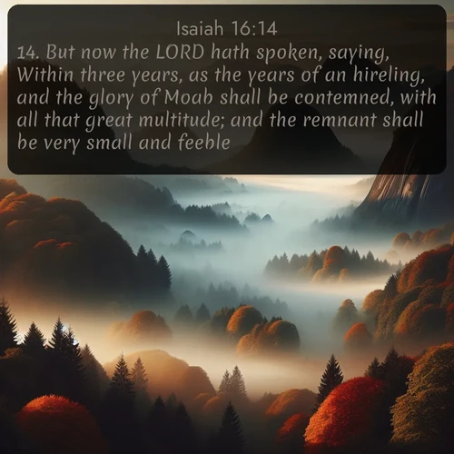 KJV Isaiah  ; image nature: image with the bible verse :But now the LORD hath spoken, saying, Within three years, as the years of an hireling, and the glory of Moab shall be contemned, with all that great multitude; and the remnant shall be very small and feeble. ; Explore a collection of free Bible verse images paired with serene landscapes like golden beaches, verdant forests, and clear blue skies. Each image is ideal for desktop or phone wallpapers. Share verses like KJV Isaiah 16:14. Current verse is overlayed with the thematic nature scene : Autumn fog rolls through valleys between ancient rounded mountains. ; 16:14