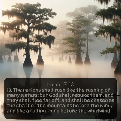 citation biblique : 13. The nations shall rush like the rushing of many waters: but God shall rebuke them, and they shall flee far off, and shall be chased as the chaff of the mountains before the wind, and like a rolling thing before the whirlwind.
 sur fond image nature