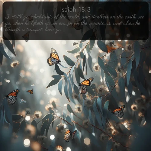 citation biblique : 3. All ye inhabitants of the world, and dwellers on the earth, see ye, when he lifteth up an ensign on the mountains; and when he bloweth a trumpet, hear ye.
 sur fond image nature