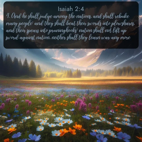 citation biblique : 4. And he shall judge among the nations, and shall rebuke many people: and they shall beat their swords into plowshares, and their spears into pruninghooks: nation shall not lift up sword against nation, neither shall they learn war any more.
 sur fond image nature