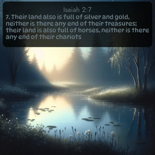 citation biblique : 7. Their land also is full of silver and gold, neither is there any end of their treasures; their land is also full of horses, neither is there any end of their chariots:
 sur fond image nature