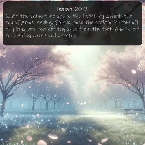 citation biblique : 2. At the same time spake the LORD by Isaiah the son of Amoz, saying, Go and loose the sackcloth from off thy loins, and put off thy shoe from thy foot. And he did so, walking naked and barefoot.
 sur fond image nature