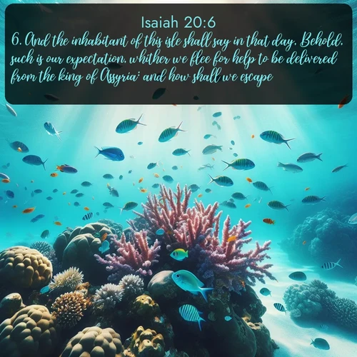 citation biblique : 6. And the inhabitant of this isle shall say in that day, Behold, such is our expectation, whither we flee for help to be delivered from the king of Assyria: and how shall we escape?
 sur fond image nature