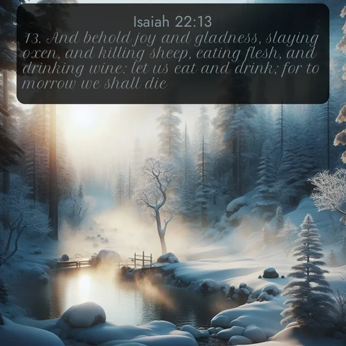 citation biblique : 13. And behold joy and gladness, slaying oxen, and killing sheep, eating flesh, and drinking wine: let us eat and drink; for to morrow we shall die.
 sur fond image nature