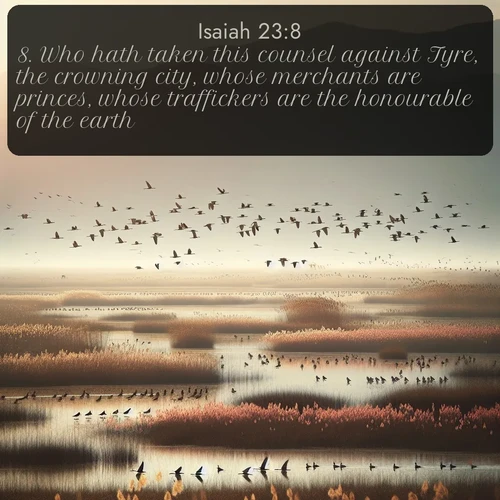 citation biblique : 8. Who hath taken this counsel against Tyre, the crowning city, whose merchants are princes, whose traffickers are the honourable of the earth?
 sur fond image nature