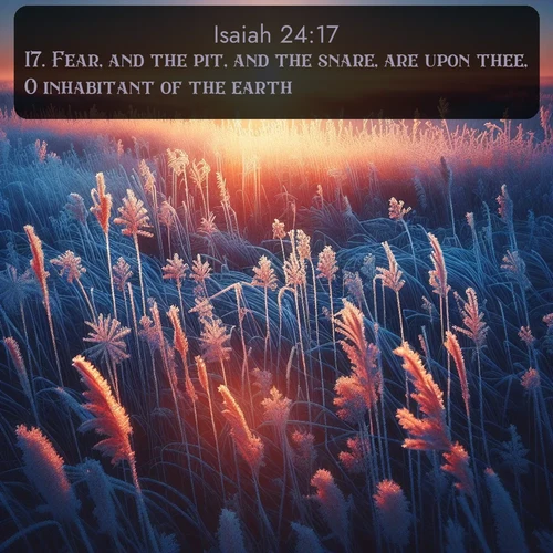 citation biblique : 17. Fear, and the pit, and the snare, are upon thee, O inhabitant of the earth.
 sur fond image nature