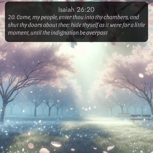 citation biblique : 20. Come, my people, enter thou into thy chambers, and shut thy doors about thee: hide thyself as it were for a little moment, until the indignation be overpast.
 sur fond image nature