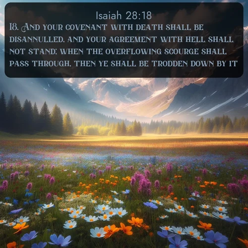 citation biblique : 18. And your covenant with death shall be disannulled, and your agreement with hell shall not stand; when the overflowing scourge shall pass through, then ye shall be trodden down by it.
 sur fond image nature