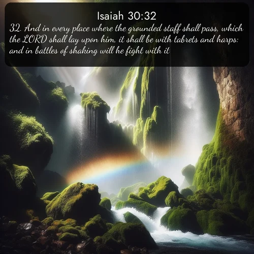 citation biblique : 32. And in every place where the grounded staff shall pass, which the LORD shall lay upon him, it shall be with tabrets and harps: and in battles of shaking will he fight with it.
 sur fond image nature