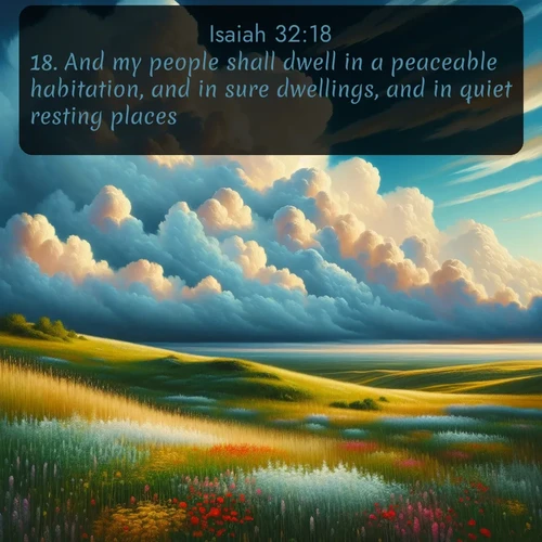 citation biblique : 18. And my people shall dwell in a peaceable habitation, and in sure dwellings, and in quiet resting places;
 sur fond image nature
