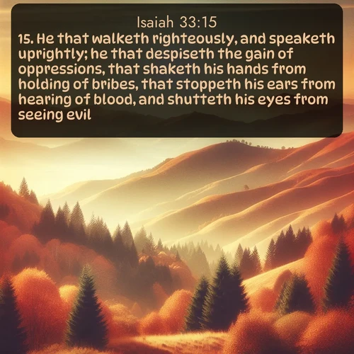 citation biblique : 15. He that walketh righteously, and speaketh uprightly; he that despiseth the gain of oppressions, that shaketh his hands from holding of bribes, that stoppeth his ears from hearing of blood, and shutteth his eyes from seeing evil;
 sur fond image nature