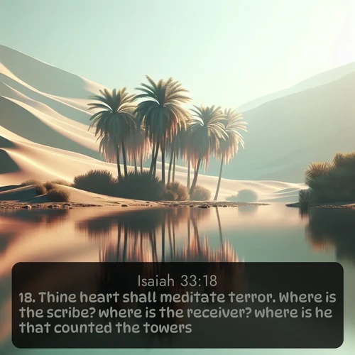 citation biblique : 18. Thine heart shall meditate terror. Where is the scribe? where is the receiver? where is he that counted the towers?
 sur fond image nature