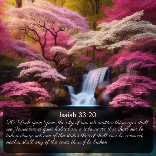 citation biblique : 20. Look upon Zion, the city of our solemnities: thine eyes shall see Jerusalem a quiet habitation, a tabernacle that shall not be taken down; not one of the stakes thereof shall ever be removed, neither shall any of the cords thereof be broken.
 sur fond image nature