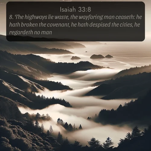 citation biblique : 8. The highways lie waste, the wayfaring man ceaseth: he hath broken the covenant, he hath despised the cities, he regardeth no man.
 sur fond image nature