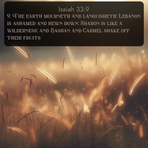 citation biblique : 9. The earth mourneth and languisheth: Lebanon is ashamed and hewn down: Sharon is like a wilderness; and Bashan and Carmel shake off their fruits.
 sur fond image nature