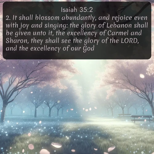 citation biblique : 2. It shall blossom abundantly, and rejoice even with joy and singing: the glory of Lebanon shall be given unto it, the excellency of Carmel and Sharon, they shall see the glory of the LORD, and the excellency of our God.
 sur fond image nature