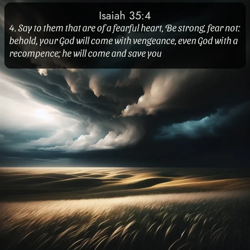 citation biblique : 4. Say to them that are of a fearful heart, Be strong, fear not: behold, your God will come with vengeance, even God with a recompence; he will come and save you.
 sur fond image nature
