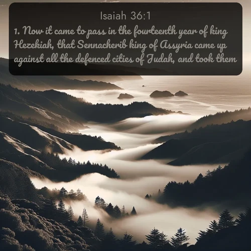 citation biblique : 1. Now it came to pass in the fourteenth year of king Hezekiah, that Sennacherib king of Assyria came up against all the defenced cities of Judah, and took them.
 sur fond image nature
