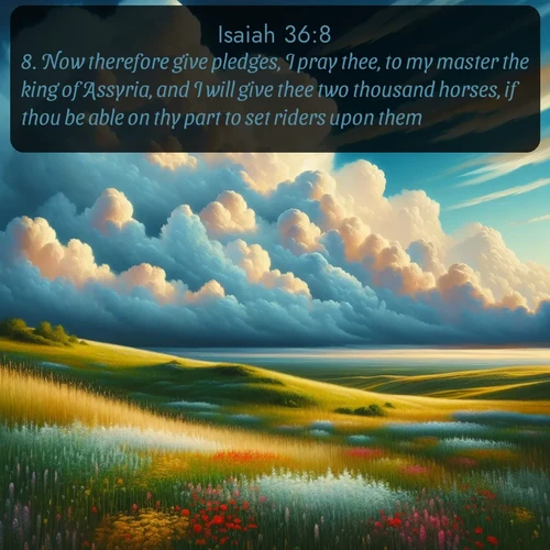 KJV Isaiah 36:8 overlaying nature image scene: Summer thunderheads build over grasslands dotted with wildflowers.;8. Now therefore give pledges, I pray thee, to my master the king of Assyria, and I will give thee two thousand horses, if thou be able on thy part to set riders upon them.