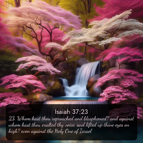 citation biblique : 23. Whom hast thou reproached and blasphemed? and against whom hast thou exalted thy voice, and lifted up thine eyes on high? even against the Holy One of Israel.
 sur fond image nature
