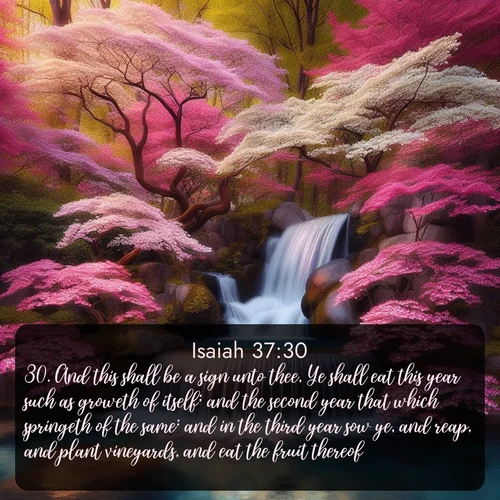 citation biblique : 30. And this shall be a sign unto thee, Ye shall eat this year such as groweth of itself; and the second year that which springeth of the same: and in the third year sow ye, and reap, and plant vineyards, and eat the fruit thereof.
 sur fond image nature
