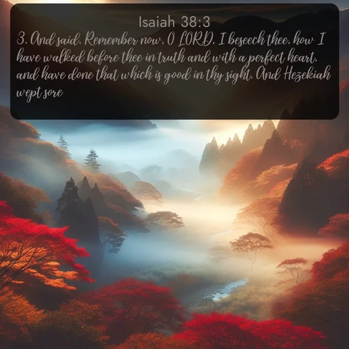 citation biblique : 3. And said, Remember now, O LORD, I beseech thee, how I have walked before thee in truth and with a perfect heart, and have done that which is good in thy sight. And Hezekiah wept sore.
 sur fond image nature