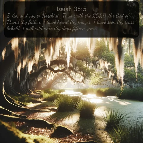 citation biblique : 5. Go, and say to Hezekiah, Thus saith the LORD, the God of David thy father, I have heard thy prayer, I have seen thy tears: behold, I will add unto thy days fifteen years.
 sur fond image nature