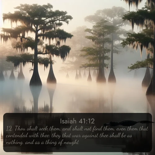 citation biblique : 12. Thou shalt seek them, and shalt not find them, even them that contended with thee: they that war against thee shall be as nothing, and as a thing of nought.
 sur fond image nature