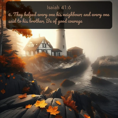 KJV Isaiah  ; image nature: image with the bible verse :They helped every one his neighbour; and every one said to his brother, Be of good courage. ; Admire stunning Bible verse images paired with photos of peaceful landscapes, such as foggy mornings, serene rivers, and blooming gardens. Download these free images and share verses like KJV Isaiah 41:6. Current verse is overlayed with the thematic nature scene : Autumn fog shrouds a lighthouse on rocky shores. ; 41:6