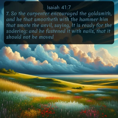 citation biblique : 7. So the carpenter encouraged the goldsmith, and he that smootheth with the hammer him that smote the anvil, saying, It is ready for the sodering: and he fastened it with nails, that it should not be moved.
 sur fond image nature