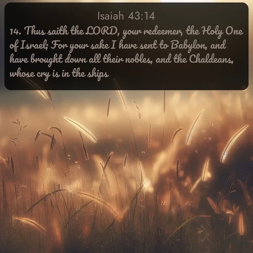 citation biblique : 14. Thus saith the LORD, your redeemer, the Holy One of Israel; For your sake I have sent to Babylon, and have brought down all their nobles, and the Chaldeans, whose cry is in the ships.
 sur fond image nature