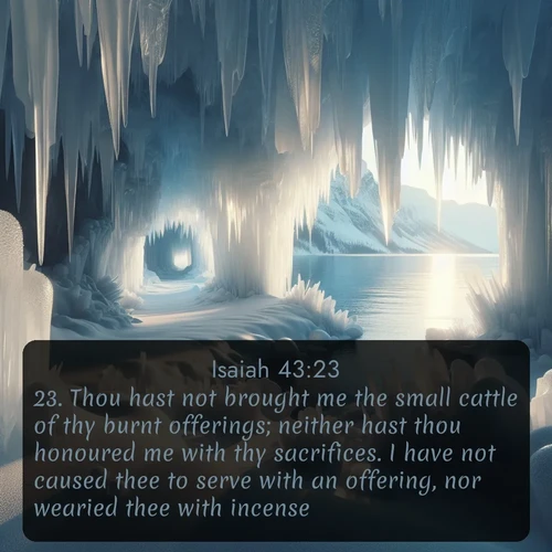 citation biblique : 23. Thou hast not brought me the small cattle of thy burnt offerings; neither hast thou honoured me with thy sacrifices. I have not caused thee to serve with an offering, nor wearied thee with incense.
 sur fond image nature