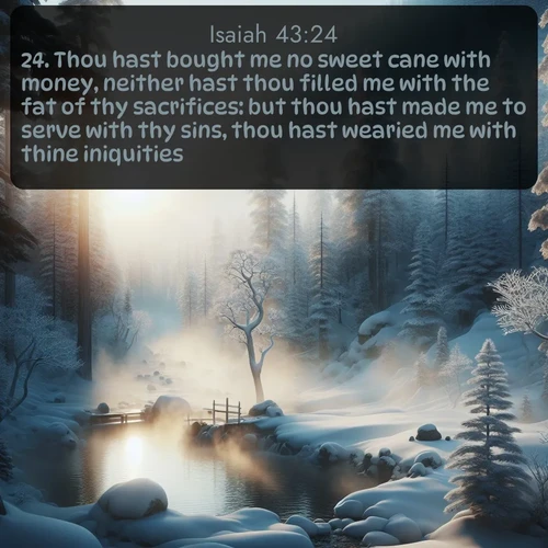 KJV Isaiah  ; image nature: image with the bible verse :Thou hast bought me no sweet cane with money, neither hast thou filled me with the fat of thy sacrifices: but thou hast made me to serve with thy sins, thou hast wearied me with thine iniquities. ; Admire Bible verse images featuring tranquil rivers, golden fields, and starry heavens. These free-to-download images make inspiring wallpapers or thoughtful gifts. Download KJV Isaiah 43:24 now. Current verse is overlayed with the thematic nature scene : Morning mist rises from a hot spring in a snow-covered forest. ; 43:24