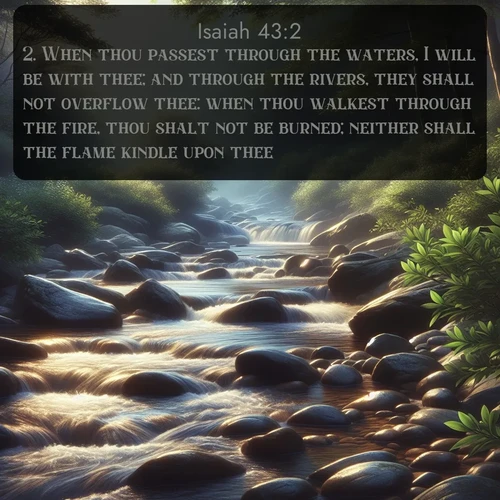 citation biblique : 2. When thou passest through the waters, I will be with thee; and through the rivers, they shall not overflow thee: when thou walkest through the fire, thou shalt not be burned; neither shall the flame kindle upon thee.
 sur fond image nature