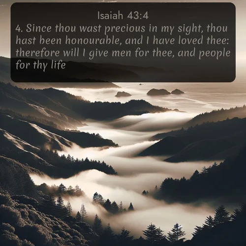 citation biblique : 4. Since thou wast precious in my sight, thou hast been honourable, and I have loved thee: therefore will I give men for thee, and people for thy life.
 sur fond image nature