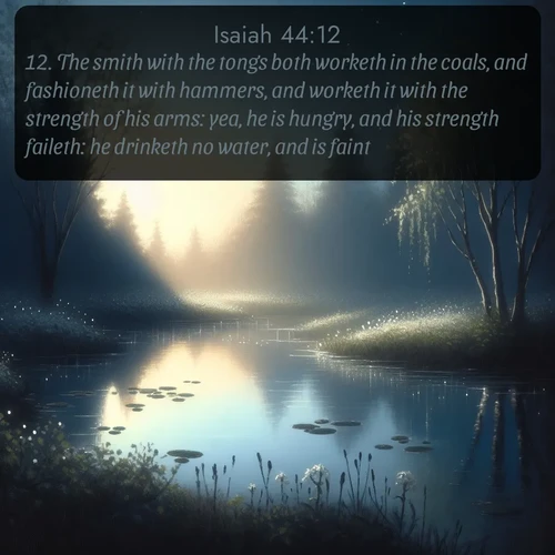 KJV Isaiah  ; image nature: image with the bible verse :The smith with the tongs both worketh in the coals, and fashioneth it with hammers, and worketh it with the strength of his arms: yea, he is hungry, and his strength faileth: he drinketh no water, and is faint. ; Browse our selection of stunning Bible verse images featuring unique natural scenes like fiery autumn forests, serene meadows, and starlit skies. Download and share verses like KJV Isaiah 44:12 for free. Current verse is overlayed with the thematic nature scene : Spring peepers call from a pond reflecting the first evening stars. ; 44:12