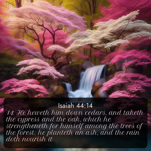 KJV Isaiah 44:14 overlaying nature image scene: A spring cascade plunges into a pool surrounded by flowering dogwood.;14. He heweth him down cedars, and taketh the cypress and the oak, which he strengtheneth for himself among the trees of the forest: he planteth an ash, and the rain doth nourish it.