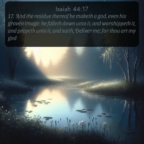 citation biblique : 17. And the residue thereof he maketh a god, even his graven image: he falleth down unto it, and worshippeth it, and prayeth unto it, and saith, Deliver me; for thou art my god.
 sur fond image nature