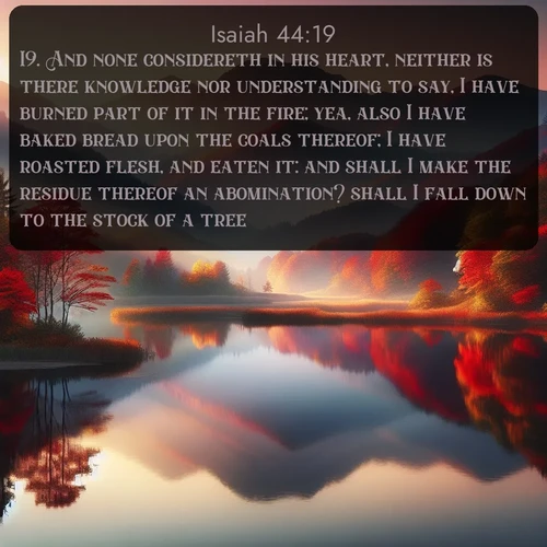 KJV Isaiah 44:19 overlaying nature image scene: Autumn colors reflect in a still mountain lake at sunrise.;19. And none considereth in his heart, neither is there knowledge nor understanding to say, I have burned part of it in the fire; yea, also I have baked bread upon the coals thereof; I have roasted flesh, and eaten it: and shall I make the residue thereof an abomination? shall I fall down to the stock of a tree?