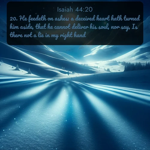 KJV Isaiah 44:20 overlaying nature image scene: Moonlight illuminates the snowy mountain peaks, casting blue shadows across untouched powder.;20. He feedeth on ashes: a deceived heart hath turned him aside, that he cannot deliver his soul, nor say, Is there not a lie in my right hand?